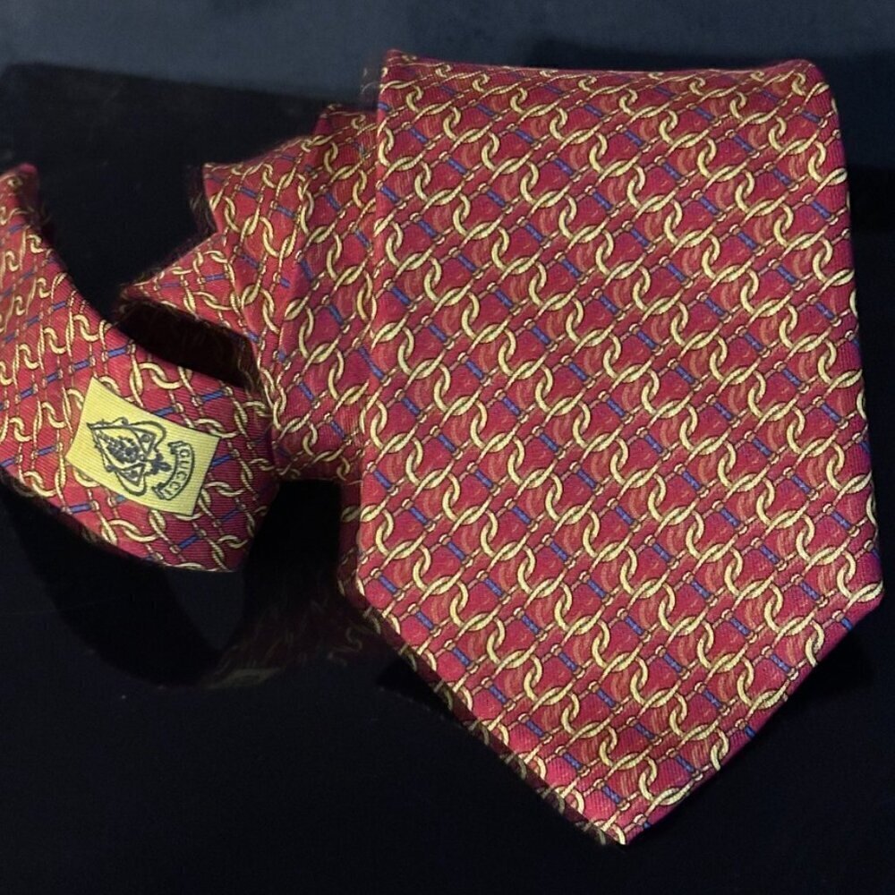 Gucci Logo Silk Tie Silver Red Gold Chain Plaid Chains Euc Mint Mens Man's Gift - Picture 3 of 8